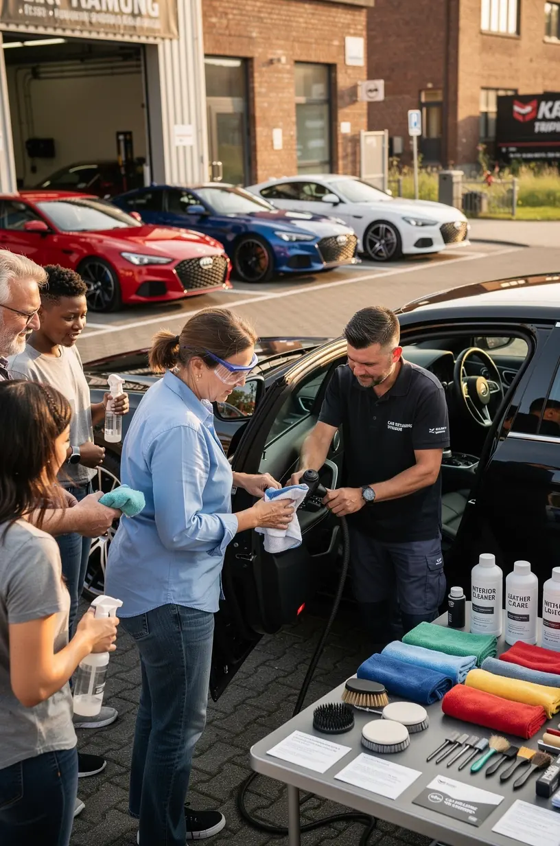 Qualifizierte Mitarbeiter erklären transparente Serviceleistungen für Fahrzeugpflege.